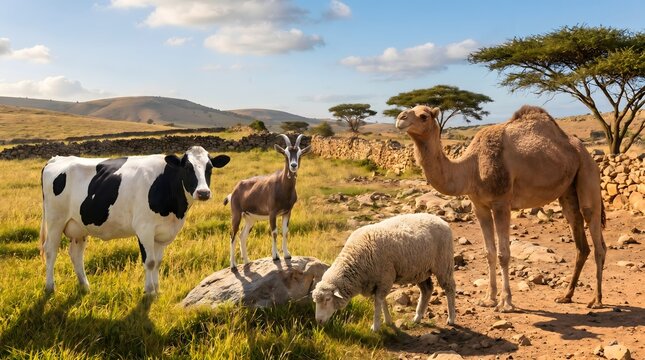 Diverse livestock group with cow goat sheep and camel standing in arid pasture landscape under blue sky