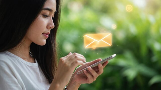 Email Connection: A focused woman interacts with a smartphone, symbolizing digital communication, with an illuminated email icon floating nearby.