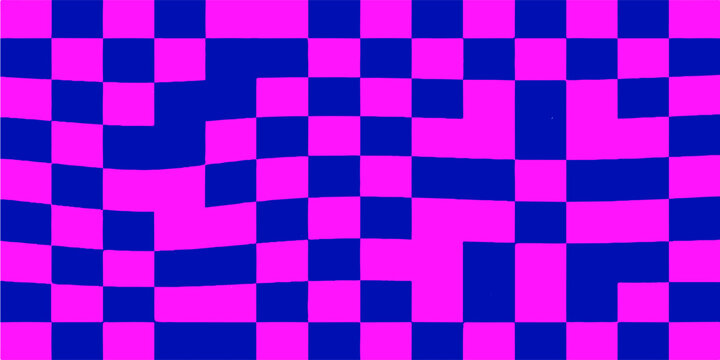 Abstract pink and blue wavy checkered pattern with liquid distortion effect