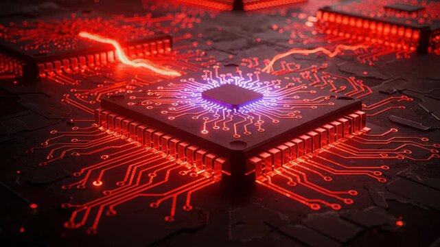 Cybernetic Core: A close-up shot illuminates the intricate circuitry of a powerful computer processor, radiating a vibrant glow. Capturing the essence of innovation and technological advancement.