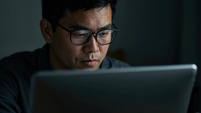 Focused Work: A focused individual intently absorbed in his laptop, illuminated by the glow of the screen, highlighting the dedication and concentration required for modern work.