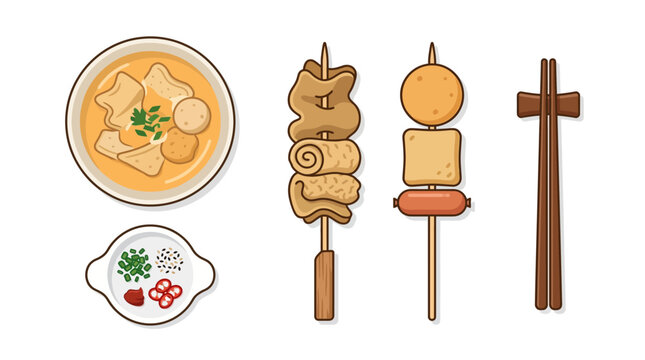 Vector illustration of various Korean street food items, including odeng skewer, fish cake soup, and eomuk vector design, on a clean white background.