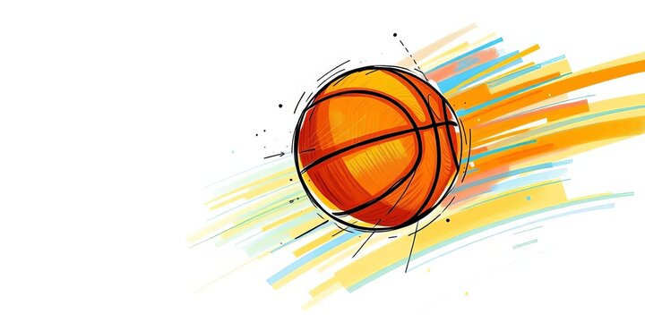 Energetic sketch of a basketball with dribbling lines and a swoosh,  sports equipment,  clean