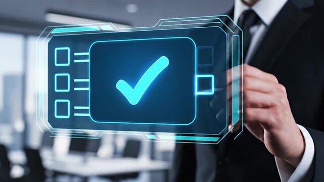 Professional businessman tapping a holographic screen, completing tasks or confirming selections on a modern digital interface for efficient business management and workflow optimization.