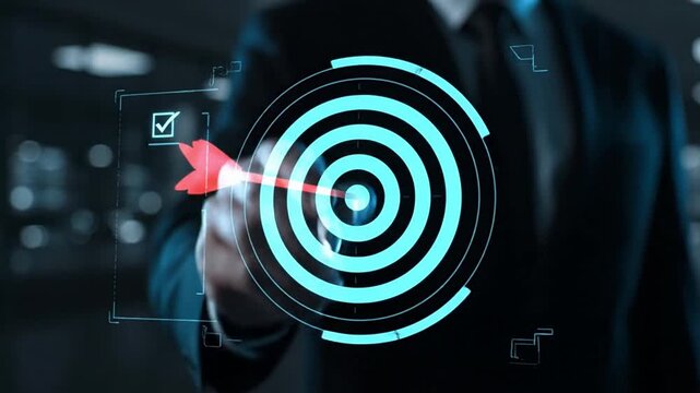 Professional achieving business objectives and success using innovative digital technology. Concept of target setting, goal achievement, performance optimization, and strategic future planning.