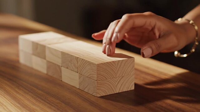 Professional hand meticulously building with wooden blocks, representing strategic planning, system development, and problem-solving. Concept for business growth, modular design, innovation, and...