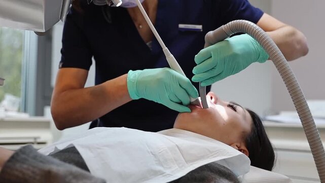 A dentist treats the teeth of a young patient in a dental clinic.