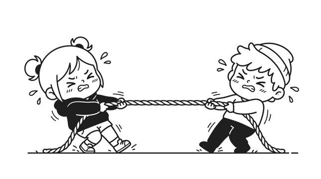 Two children playing tug of war.