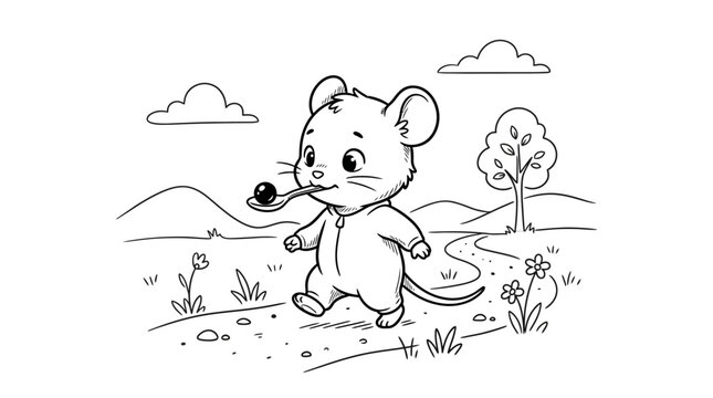 Cartoon mouse standing in field.
