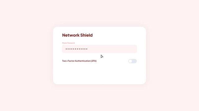 Cybersecurity login interface with master password input field and two-factor authentication toggle on red background