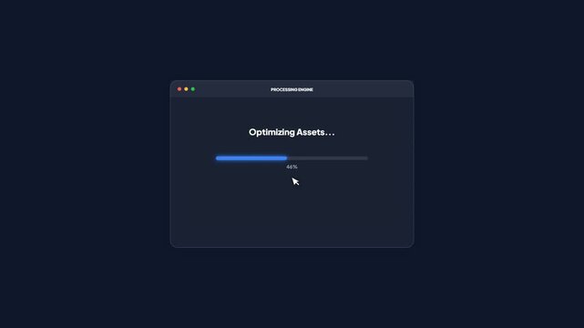 Dark mode file compression software interface featuring blue progress bar and asset optimization status display