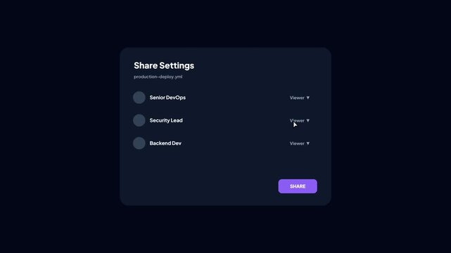 User interface share settings modal with dark mode theme for software development deployment file