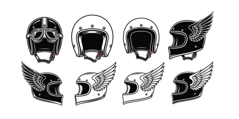 A versatile collection of retro motorcycle helmets illustrated in a vintage style, featuring classic rider headwear with goggles and winged emblems for various adventures and journeys © Manifesti