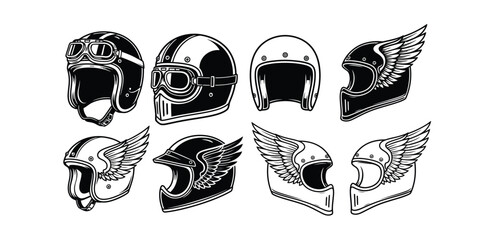 Collection of stylized motorcycle helmets with wings and goggles, presented in a vector illustration © Manifesti