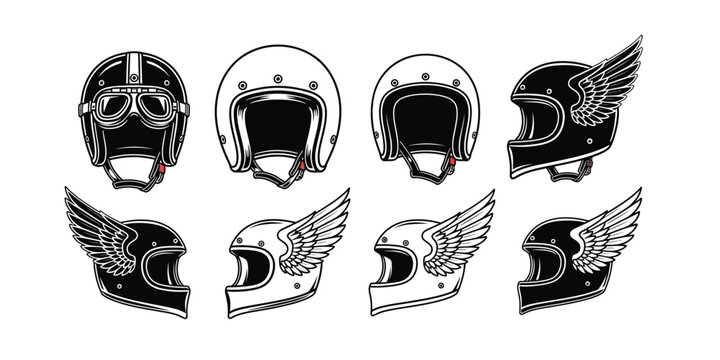 A versatile collection of retro motorcycle helmets illustrated in a vintage style, featuring classic rider headwear with goggles and winged emblems for various adventures and journeys