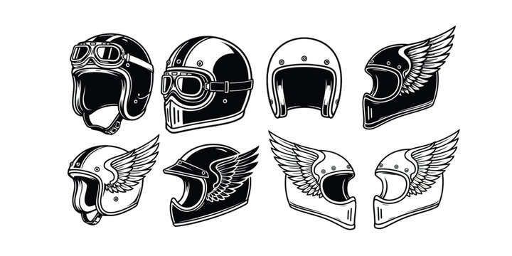 Collection of stylized motorcycle helmets with wings and goggles, presented in a vector illustration