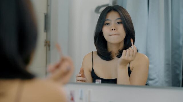 Pretty young asian woman in the bedroom applying lip gloss make up cosmetic preparation. Happy beautiful female model looking the mirror apply lips balm to getting ready in the morning, beauty routine