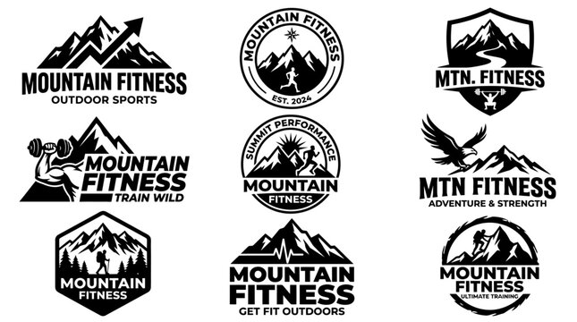 Mountain fitness logos and badges.