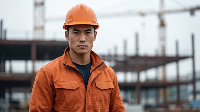 Asian construction engineer wearing safety hard hat at building site