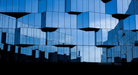 A contemporary glass building facade features sharp geometric lines and blue sky reflections, creating a sophisticated abstract pattern, frame, transparency, texture