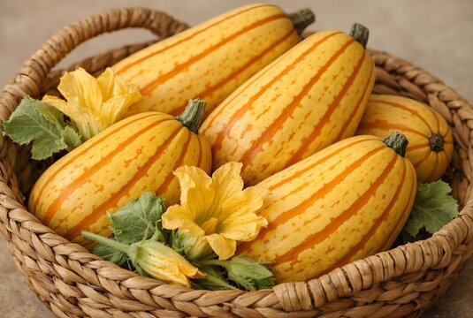 Yellow and orange striped winter squash with squash flowers and leaves in a rustic wicker basket close-up