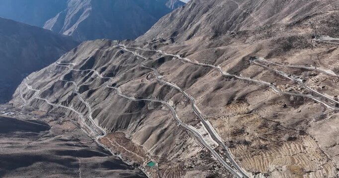 Aerial view of winding mountain road in tibet China