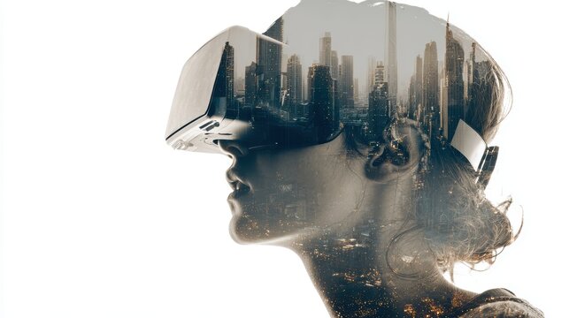 Double exposure photography of close up VR gamer and the beautiful sci-fi city, technology, headset, virtual, device, future, futuristic, modern, digital