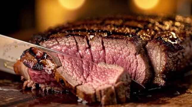 Chef Slicing Juicy Medium Rare Grilled Beef Steak Close Up