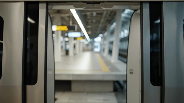 Modern automated train doors closing and opening at an empty subway station platform, emphasizing urban mobility, passenger safety, and smart city infrastructure for efficient public transport and...