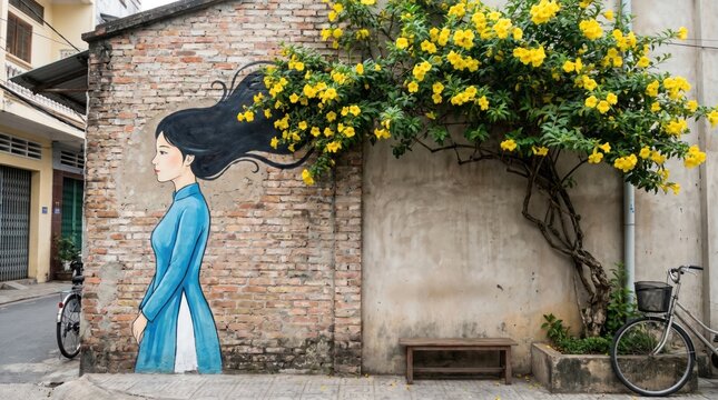 Vietnamese woman mural with flowing hair and yellow flowers, copy space
