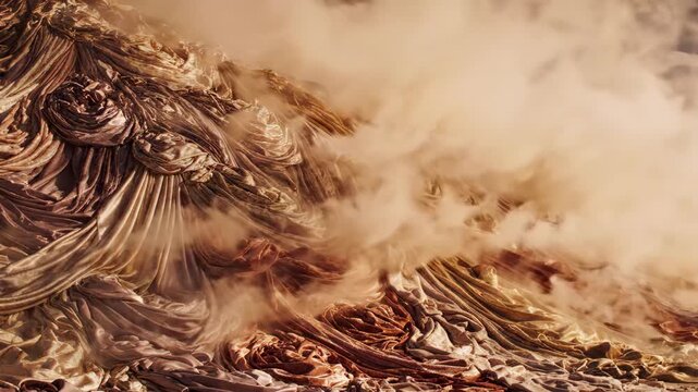 Flowing fabric draped elegantly over a majestic rocky mount at dusk