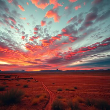 Crimson sky bleeds into ochre plains, a celestial canvas ignited by embers,  color splash,  fiery sky