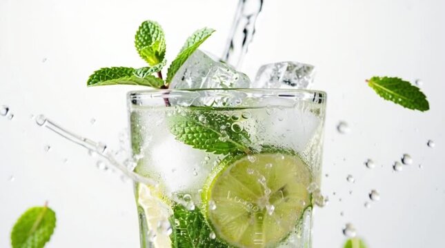 Cold lime soda splashing with fresh mint leaves and ice cubes