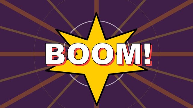 2d animation Pop art comic book explosion vector illustration featuring a hero burst with wow text and boom star symbol for a fun business sale sign design