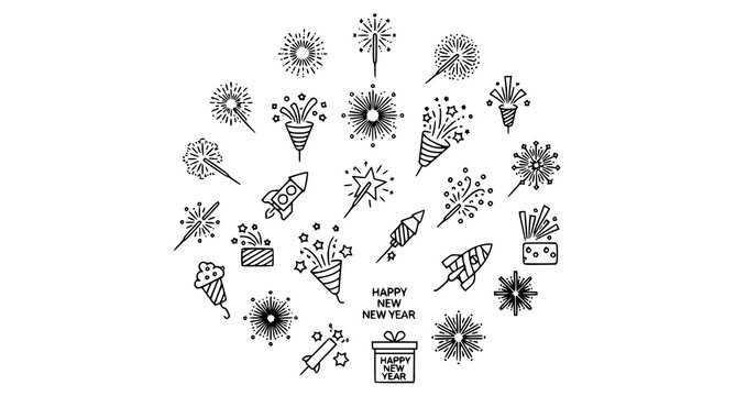 Modern fireworks and celebration outline icons with happy new year party symbols editable stroke vector set