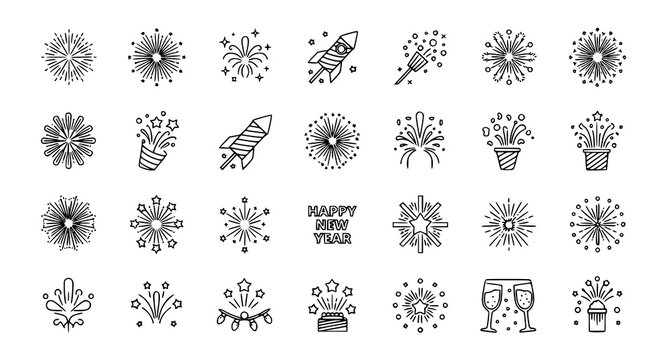 Fireworks outline icon set with happy new year party and celebration symbols editable stroke vector
