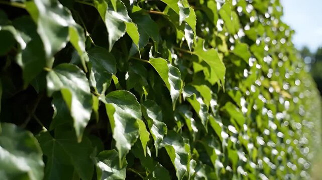 Closeup of lush green ivy leaves on a sunny day.