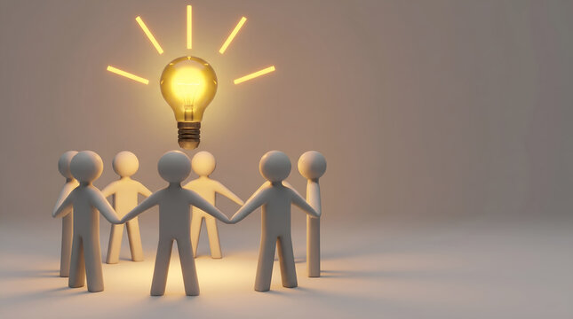 Teamwork and collaboration concept, stylized figures holding hands around a glowing lightbulb symbolizing a bright idea or innovation