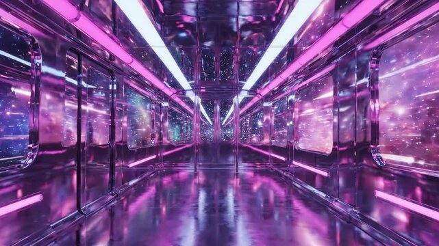 Futuristic Neon Corridor train interior  with Cosmic Background and Reflective Surfaces