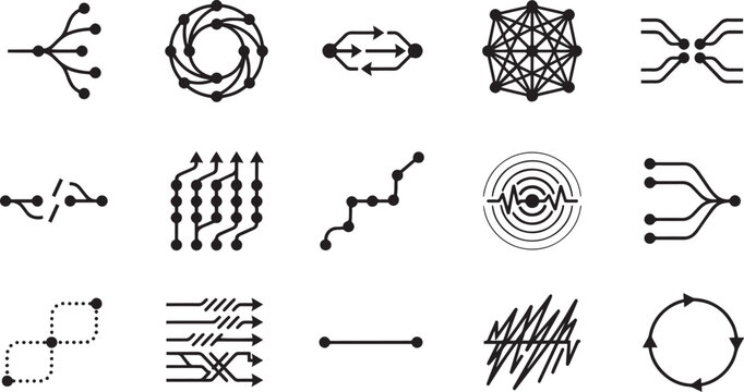 Data Science and Connectivity Icon Set Minimalist Linear Information Flow Network and Tech Infrastructure Symbols