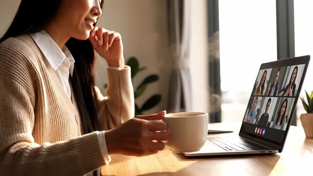 Professional woman participating in a virtual video conference on laptop, collaborating with remote team. Concept of online meeting, telecommuting, hybrid work, and digital communication for business.