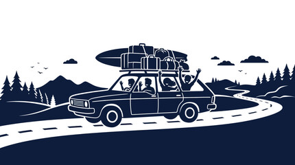 A vintage station wagon car loaded with luggage on roof rack driving on a road. © alfan fikri