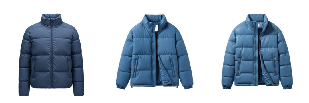 Puffy blue winter jacket coat isolated transparent PNG.