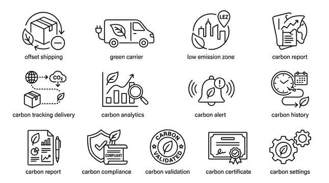Carbon Footprint and Sustainability Management Icons Set.