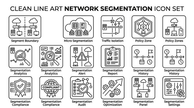 Clean Line Art Network Segmentation Icon Set for IT Security Infrastructure.