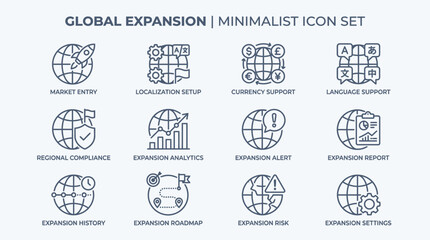 Fototapeta premium Minimalist global expansion business icon set.