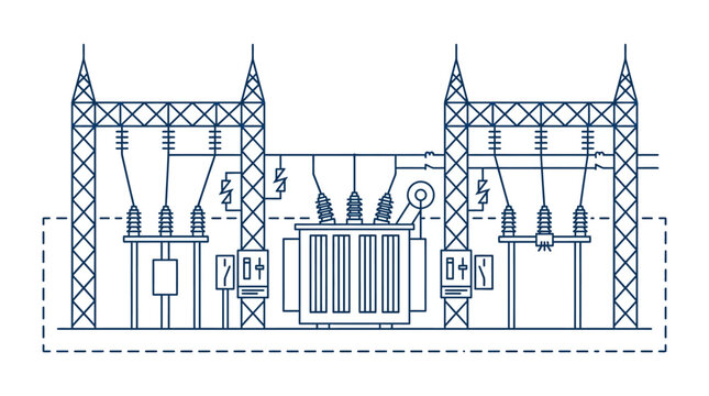 Detailed line art diagram of an outdoor electrical substation with a transformer, power lines, and circuit breakers, illustrating power transmission on an isolated white background.