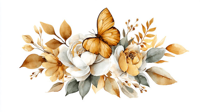 watercolor botanical butterfly and flowers texture template background.Elegant wedding invitation card background . Minimal hand painted Design for wedding or Valentine's Day