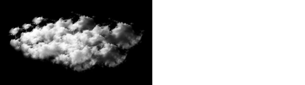 Single white cloud isolated on black background, realistic cumulus cloud formation for sky replacement, high resolution cloud texture for digital compositing isolated on transparent background