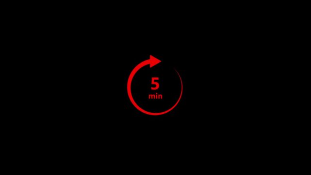 A minimalist red circular arrow with the text "5 min" inside, set against a solid black background, representing a time limit or duration